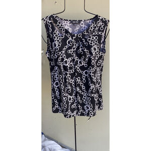 Nine West Women's Black & White Pleated Sleeveless Blouse Open Work Top Sz Med
